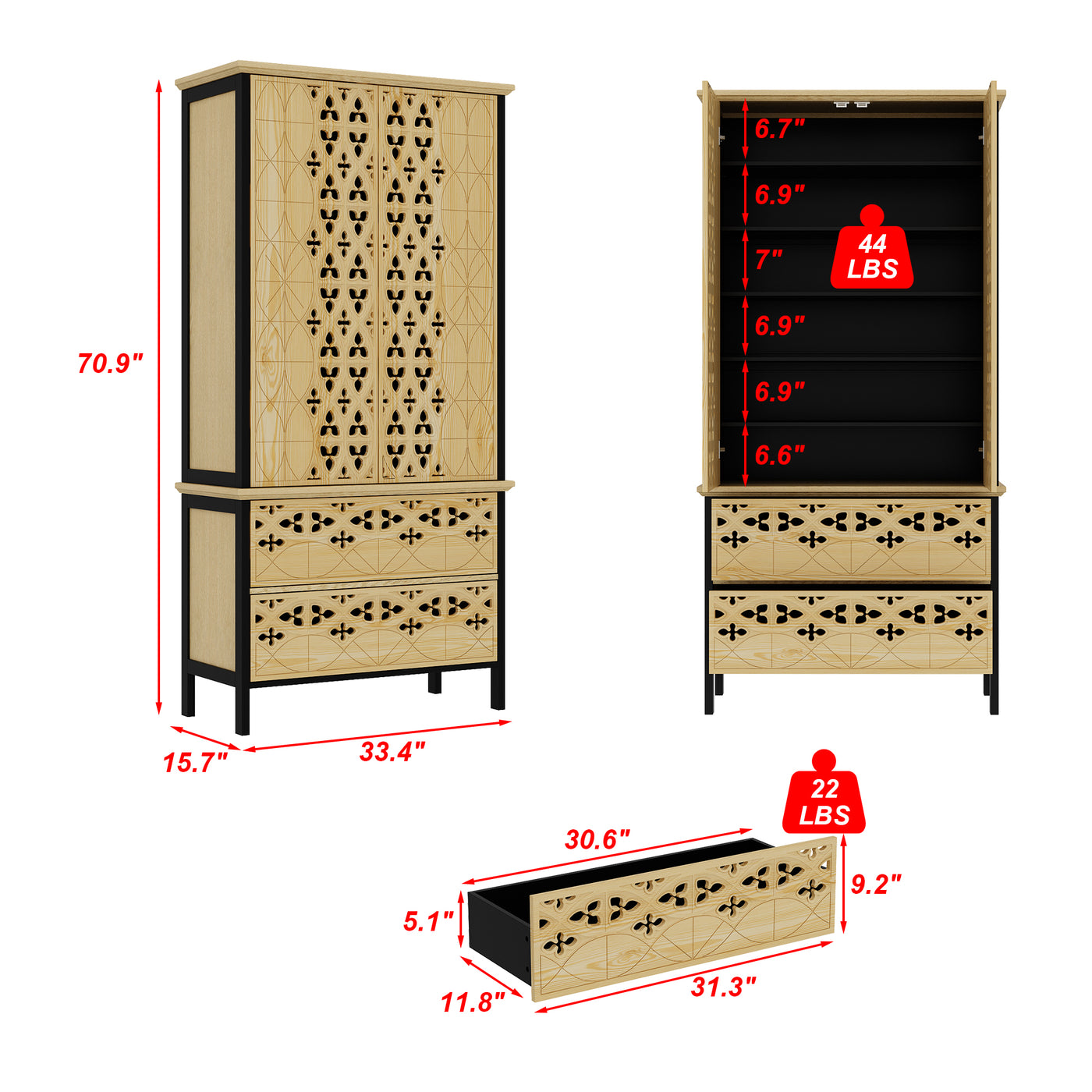 Wooden cabinet with decorative patterns and measurements on a white background