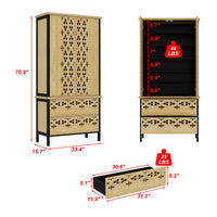 Wooden cabinet with decorative patterns and measurements on a white background