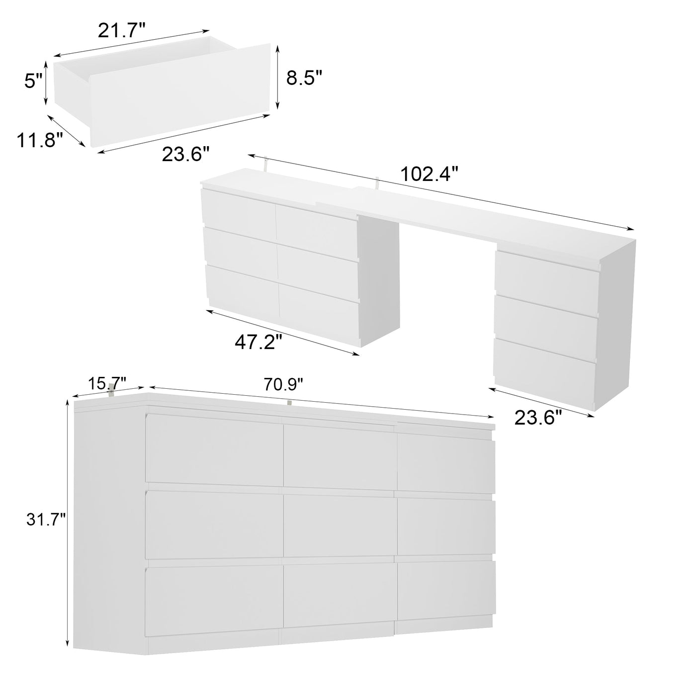 102.4" Modern White Convertible Vanity Table Makeup Vanity With 9 Drawers