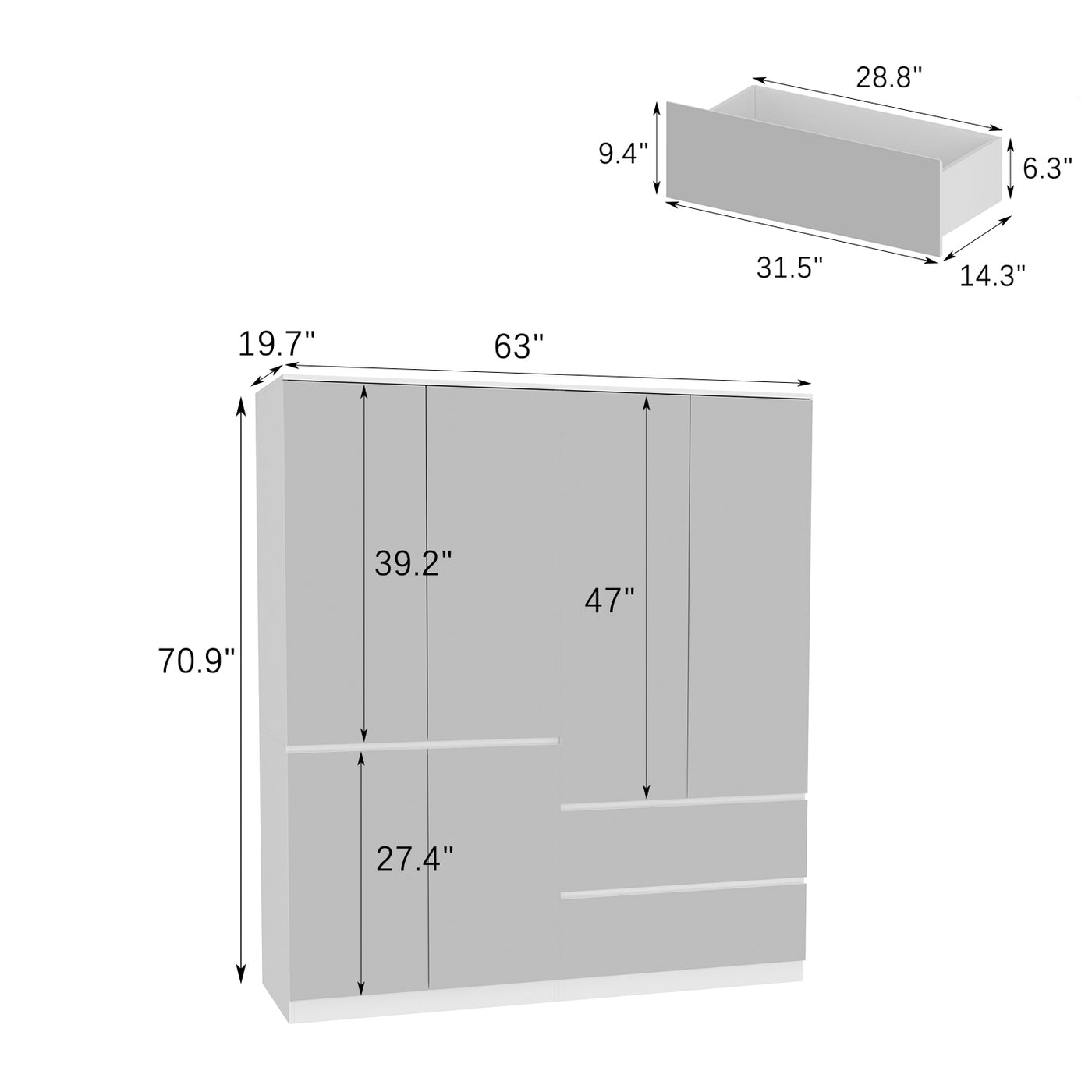 Hylja 63" Modern Mirrored Wardrobe Armoire with 4 Doors and 2 Storage Drawers