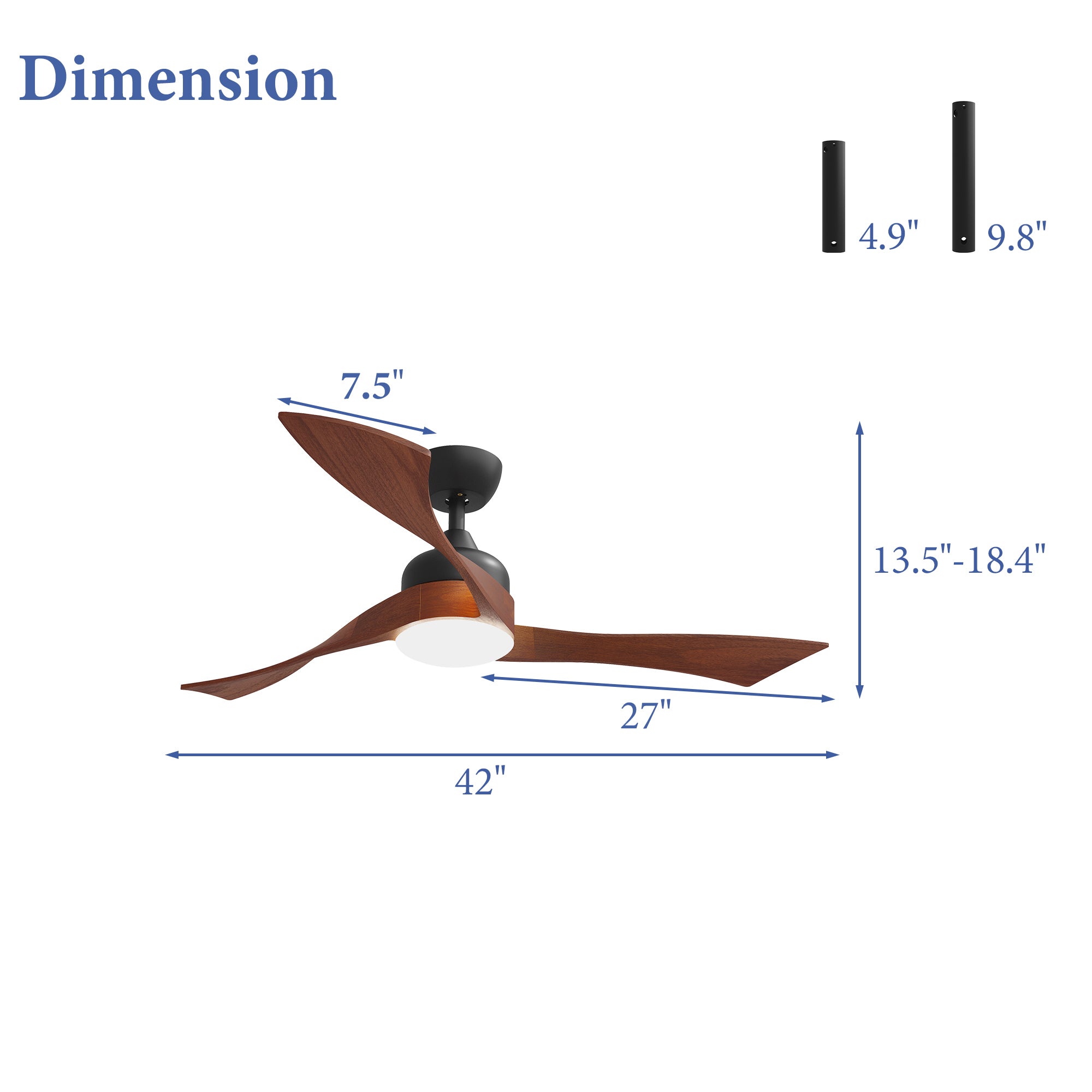 Ceiling fan with dimensions labeled on a white background