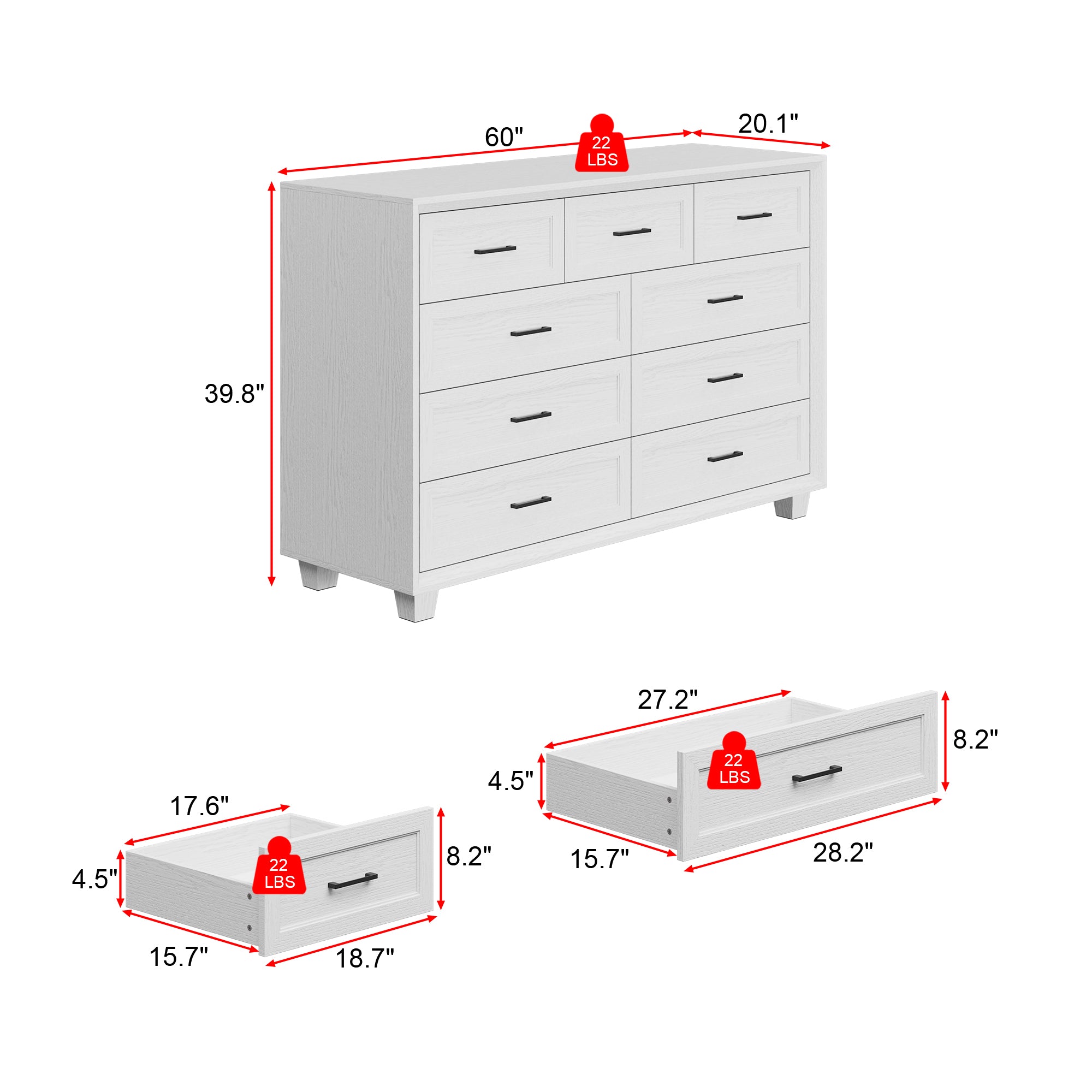 60" Wide 9-Drawer Accent Chest With Metal Handles