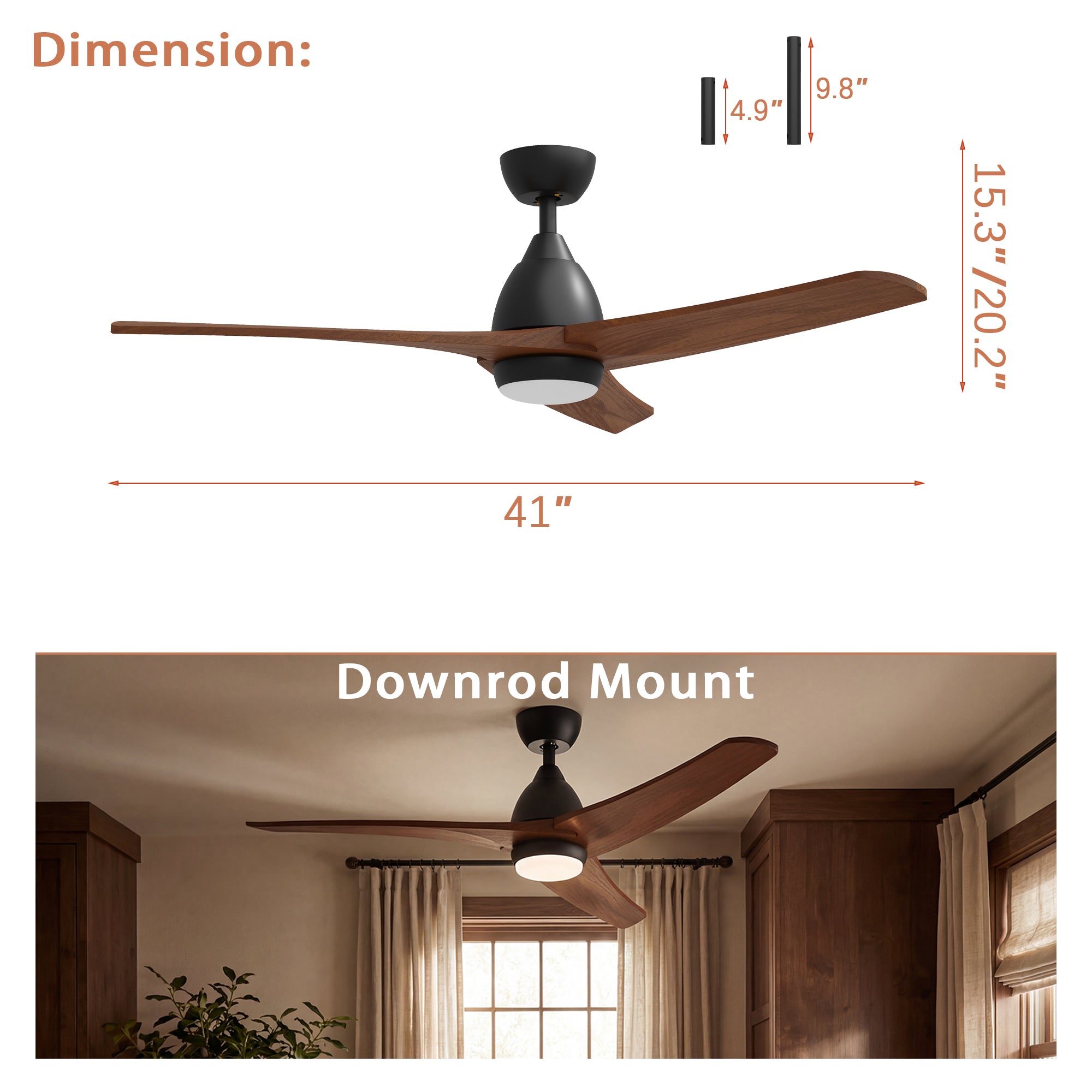 Ceiling fan with dimensions and downrod mount installation shown in a room setting.