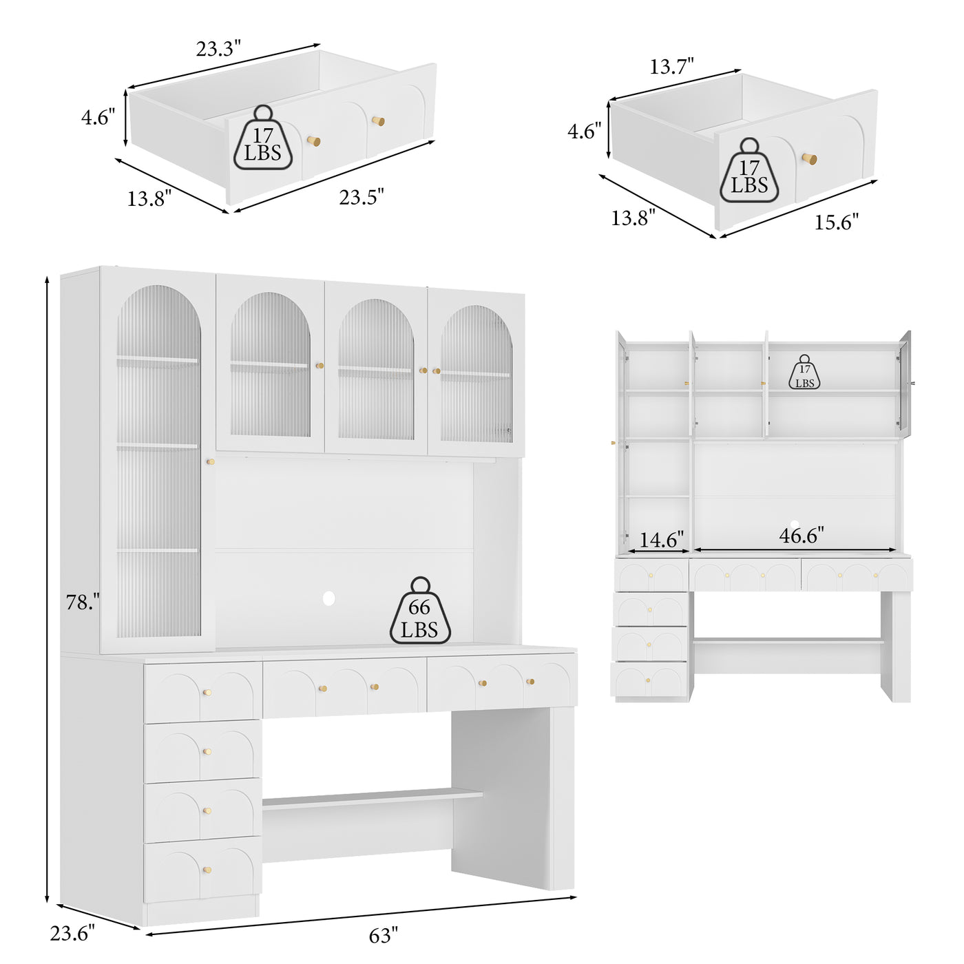 63" Modern White Versatile Vanity Desk with Massive Storage and Arched Glass Doors