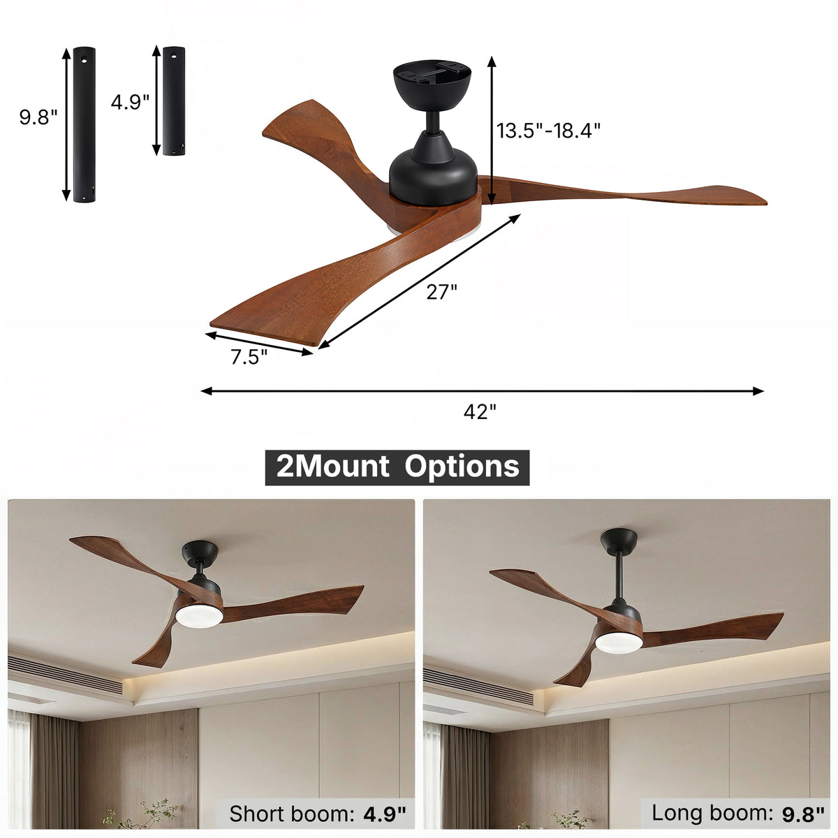 Ceiling fan with dimensions and mount options shown on a white background