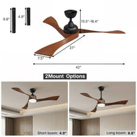 Ceiling fan with dimensions and mount options shown on a white background