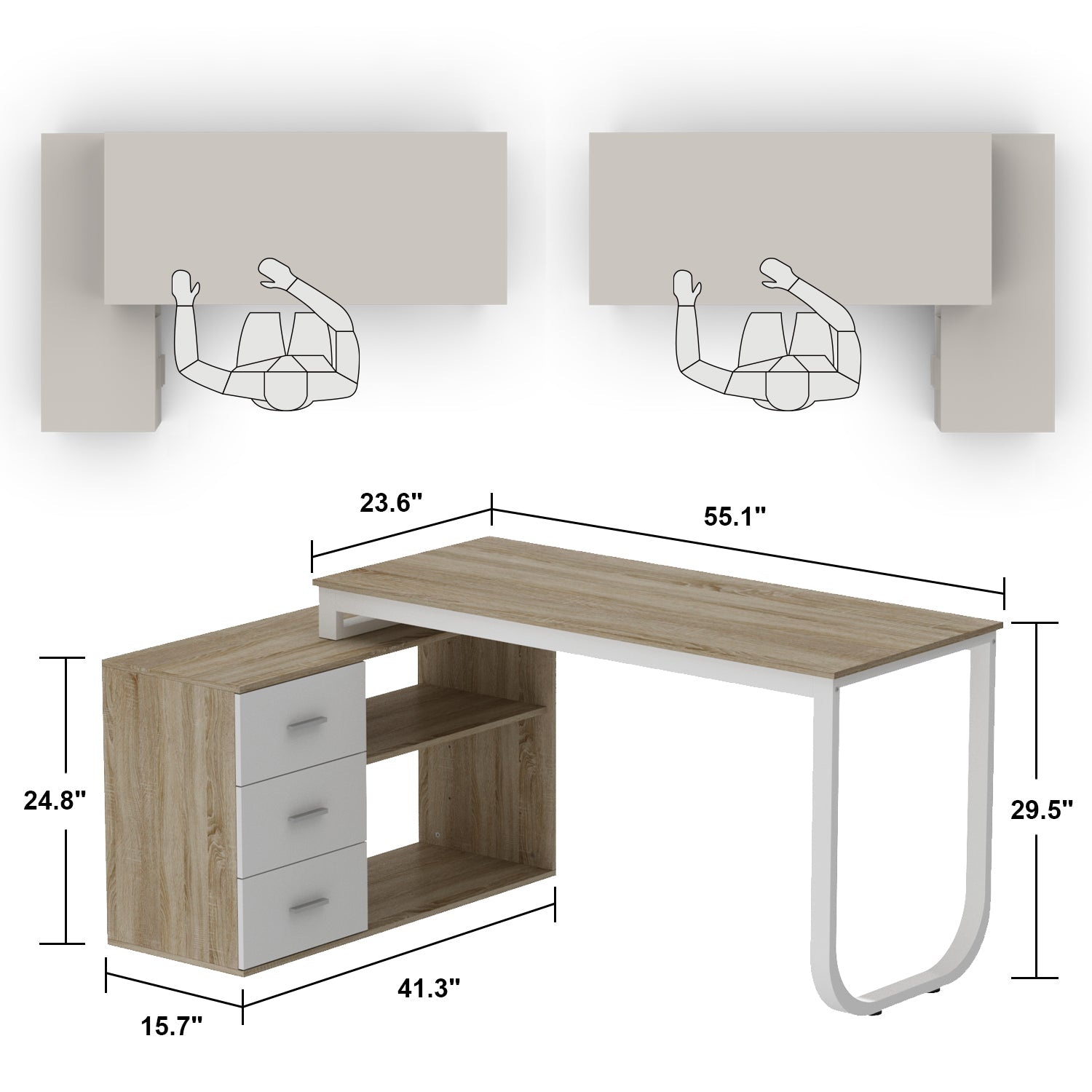 Home Office Computer Desk Corner Desk with 3 Drawers and 2 Shelves, 55 Inch Large L-Shaped Study Writing Table with Storage Cabinet