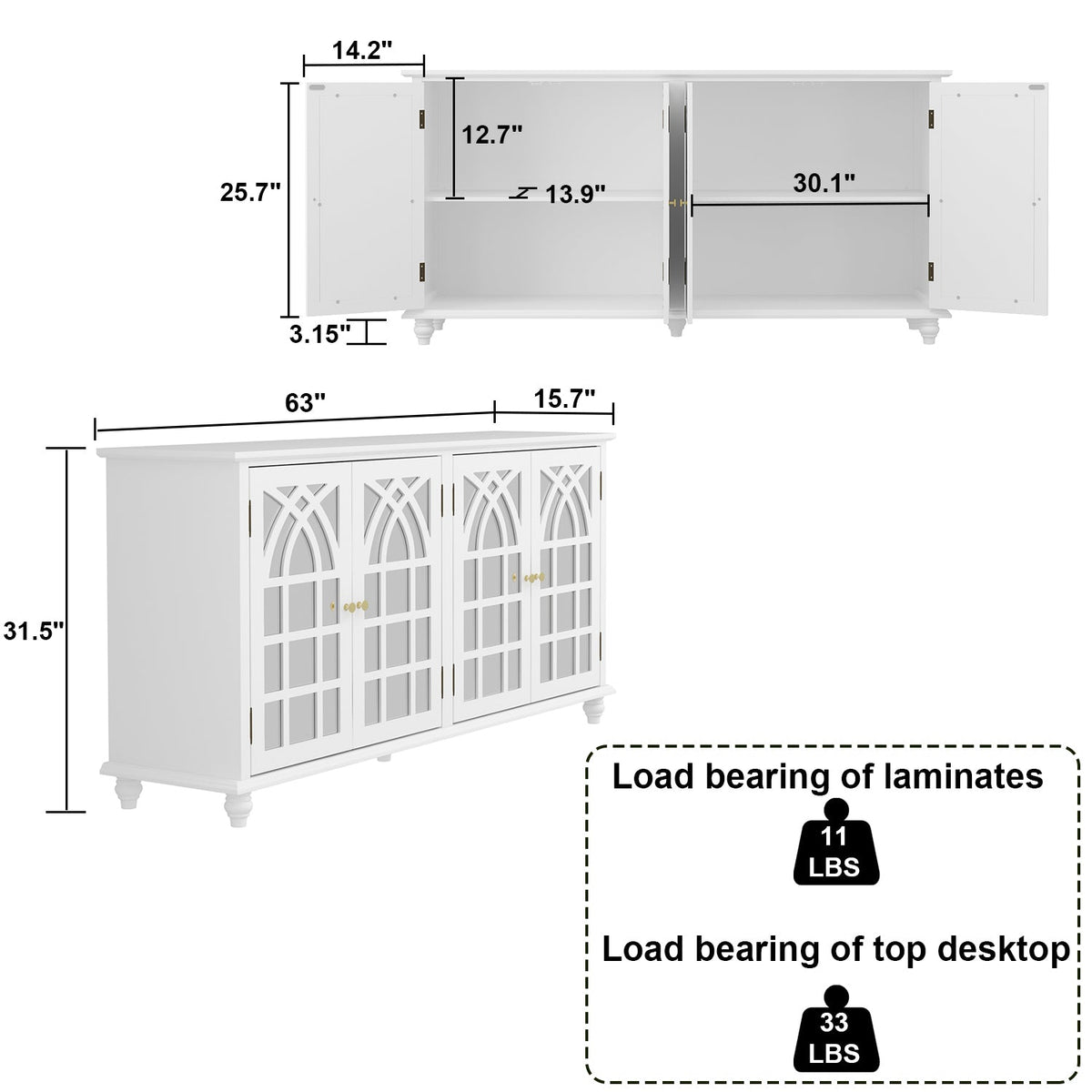 Wood Storage Cabinet Modern Sideboard Stand with 4 Mirrored Glass Doors