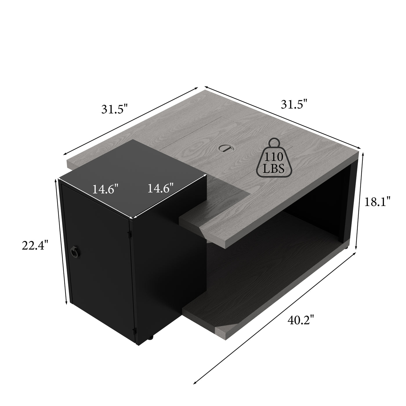 Measurement chart of a black and gray storage unit with dimensions labeled.