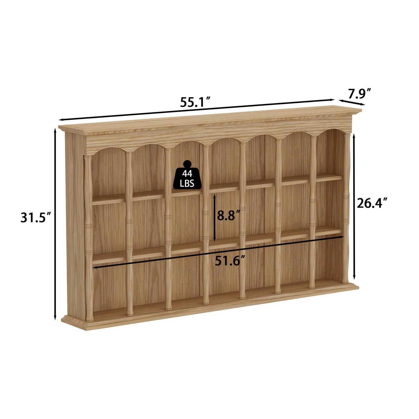 Wood wall cabinet with glass doors and open cubby shelves