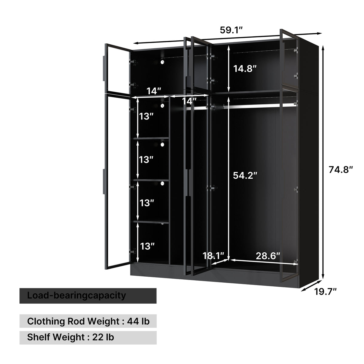 Modern wardrobe with clothes and shelves in a well-lit room