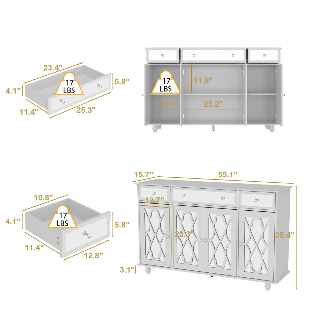 55.1 inch Mirrored Door Sideboard with 3 Drawers