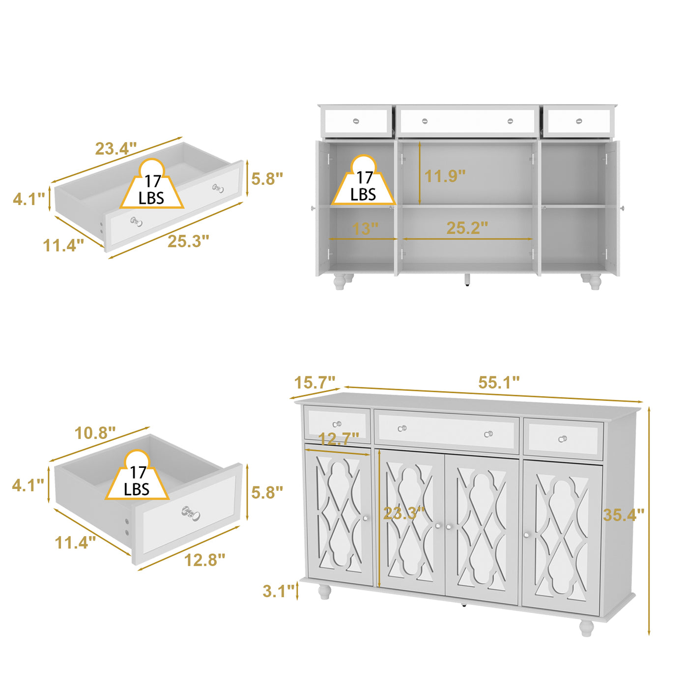 55.1" Mirrored Door Sideboard with 3 Drawers