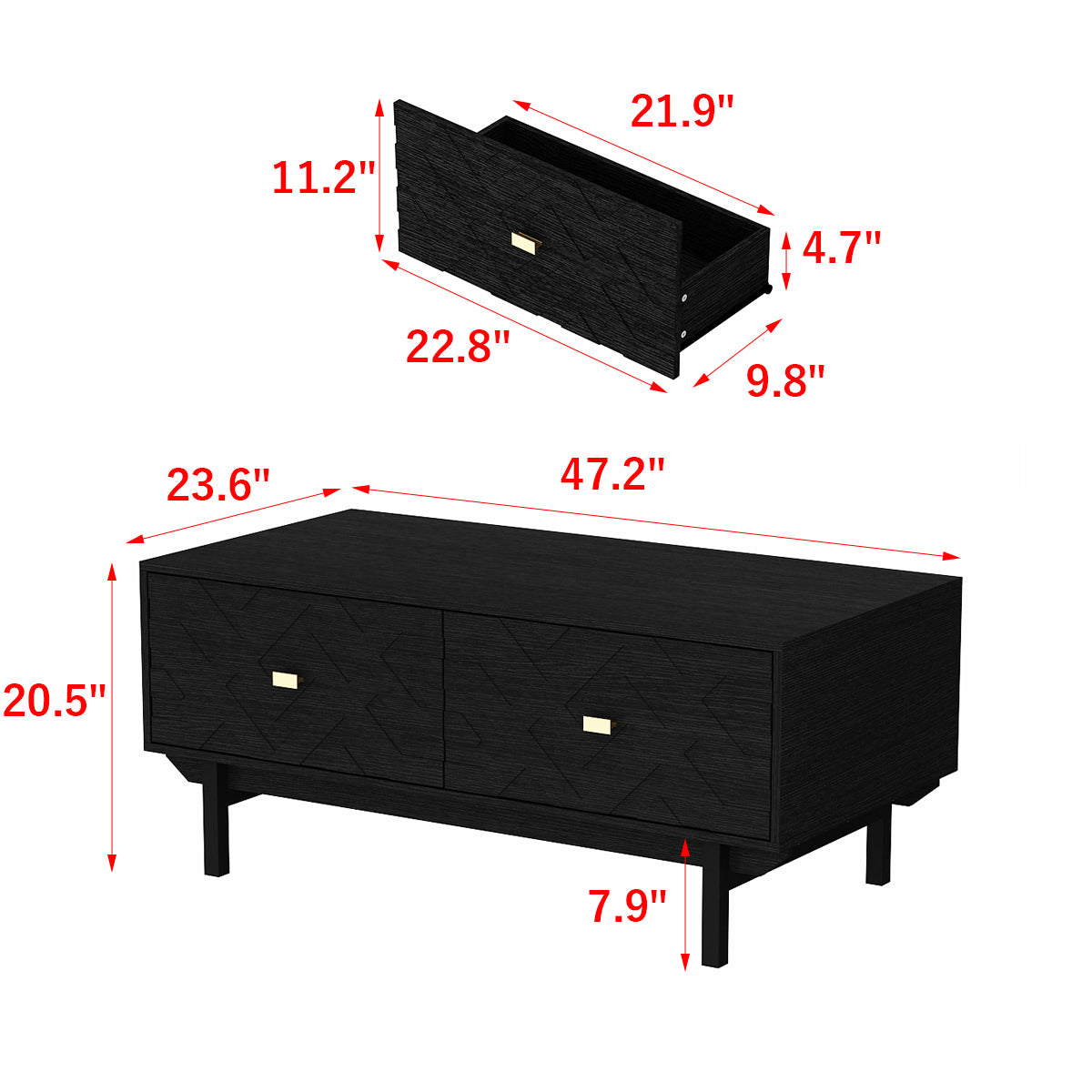 47.2" Modern Black Coffee Table with 4 Drawers