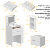 24.1 inches Modern White 3 Drawers Flip Top Makeup Vanity Table with Storage Stool