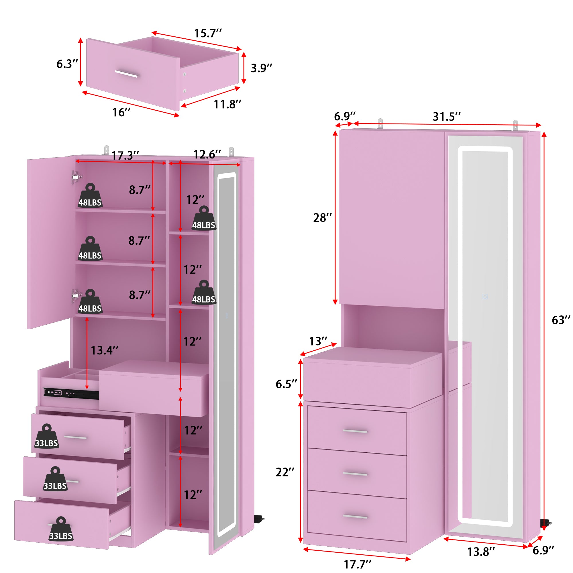 63'' H 3 Drawer Armoire Wardrobe With Adjustable LED Dressing Mirror