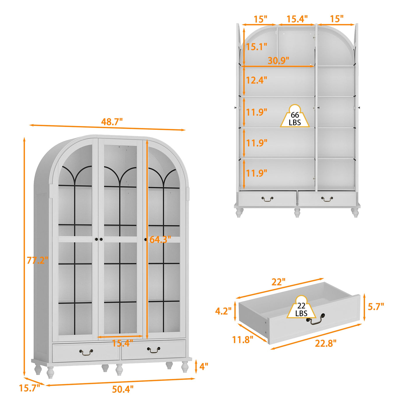 50" Modern Classic White Arched 5-Tier Bookcase With Glass Doors And Drawers