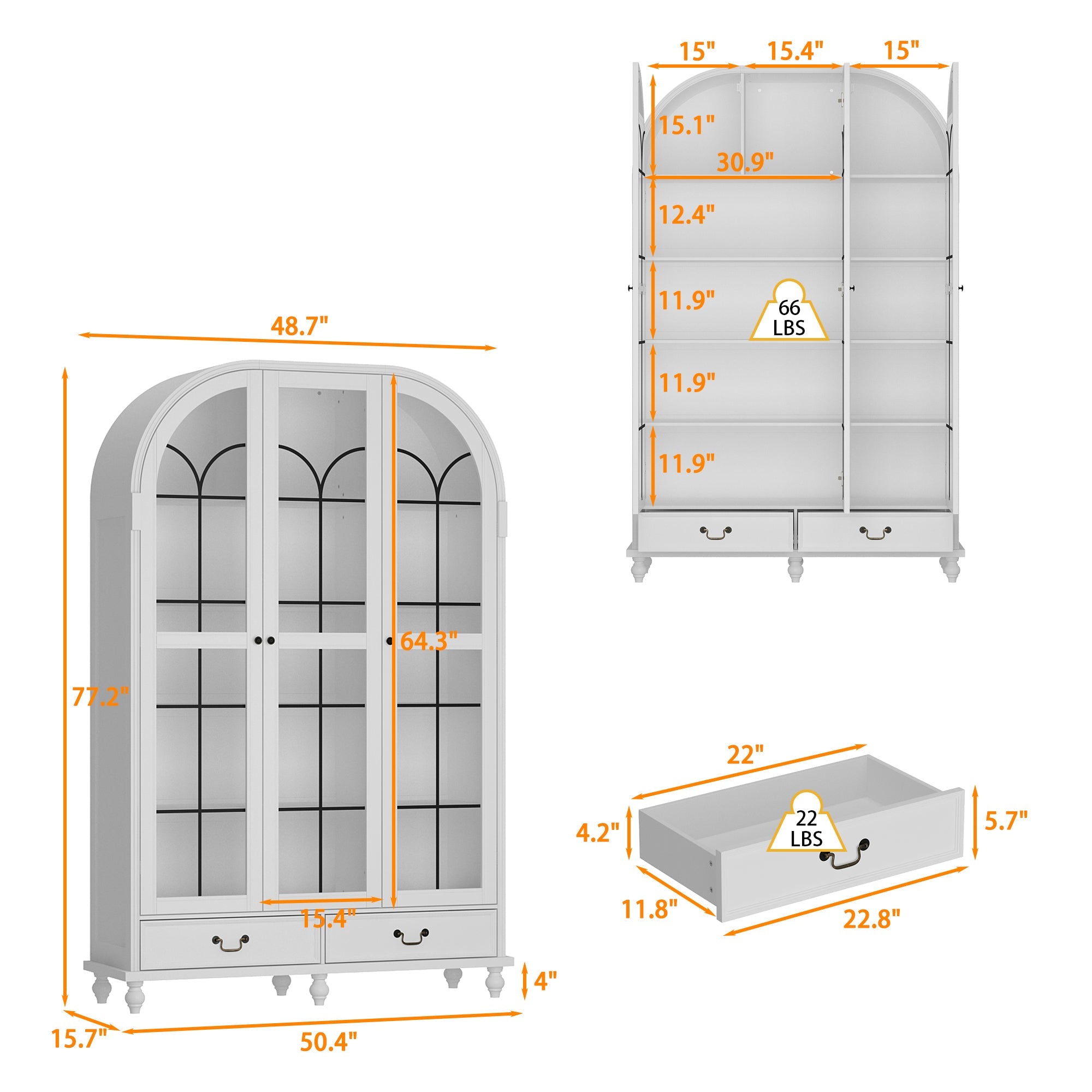 77'' H X 50'' W White Arched 5-Tier Bookcase With Glass Doors And Drawers