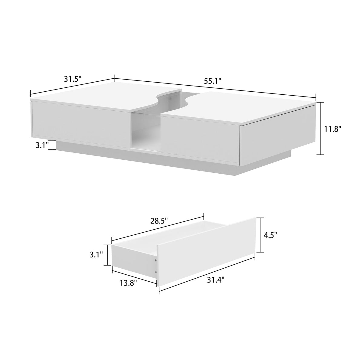 55.1" Modern White Coffee Table with Dual-Sided Drawers and Lighted Glass Center