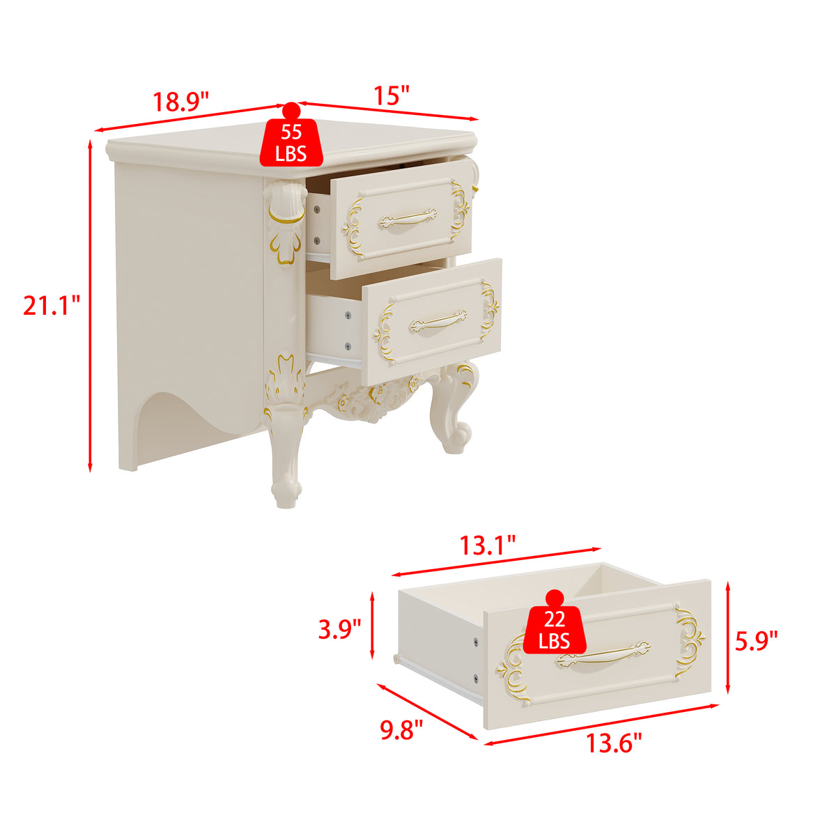19.7 inch Elegant Nightstand with 2 Drawers