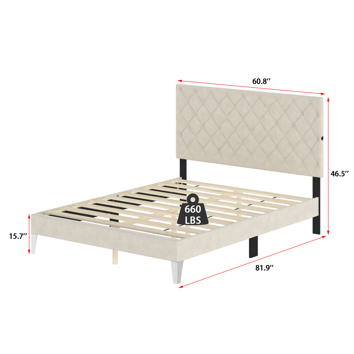 60.8" Modern Beige Platform Bed with Charging Station