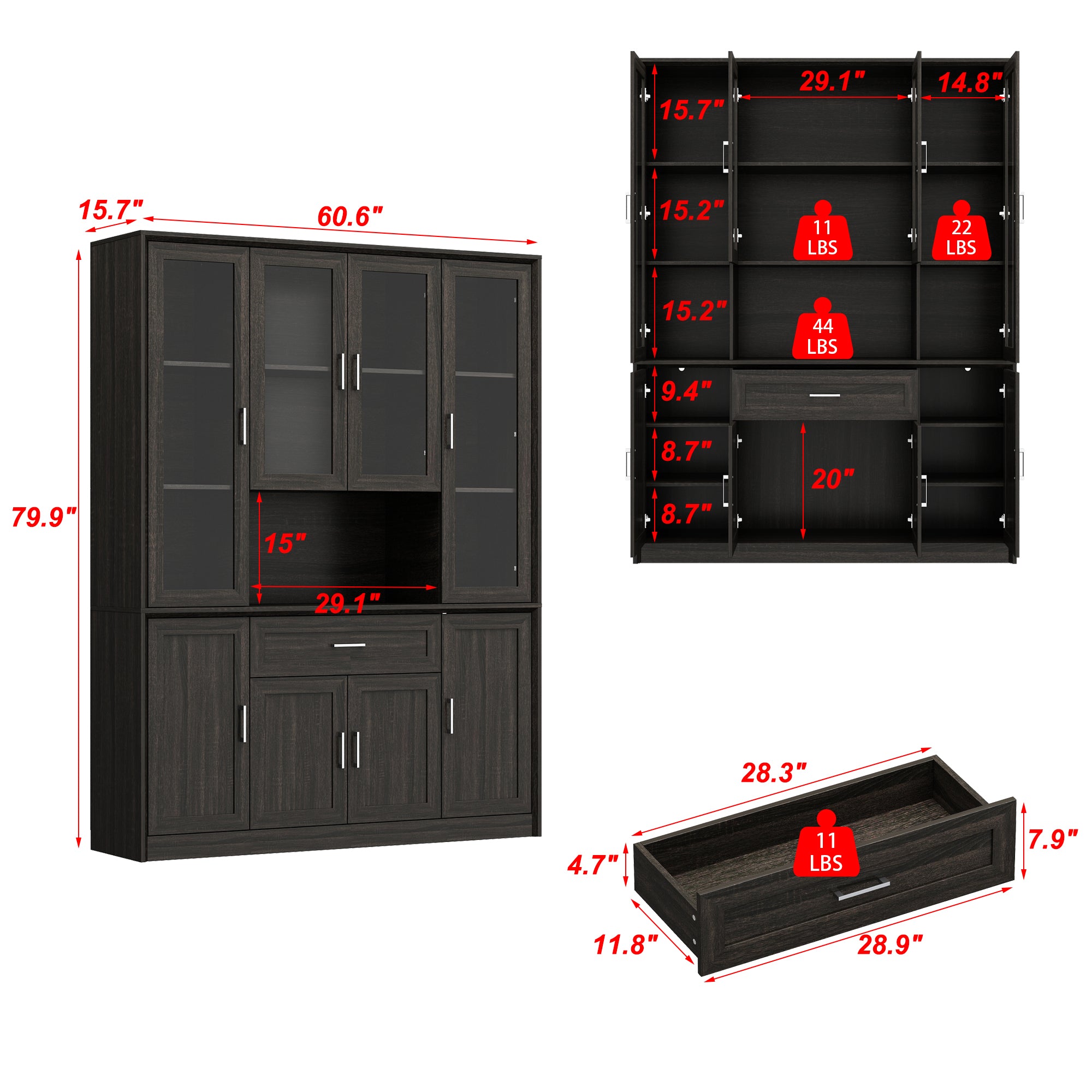 80'' H X 60.6'' W 6-Tier Bookcase With Glass Doors & Drawer