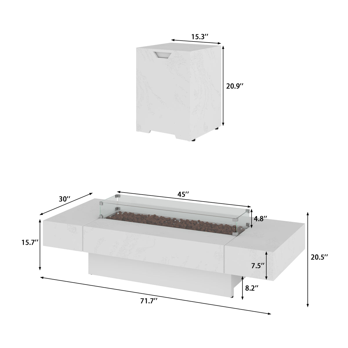White fire pit table with dimensions on a white background