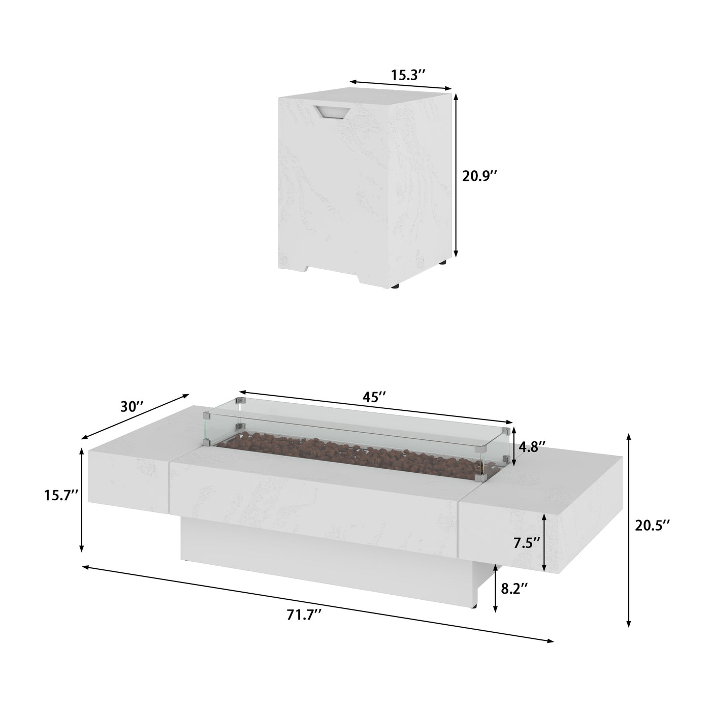 White fire pit table with dimensions on a white background
