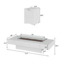 White fire pit table with dimensions on a white background