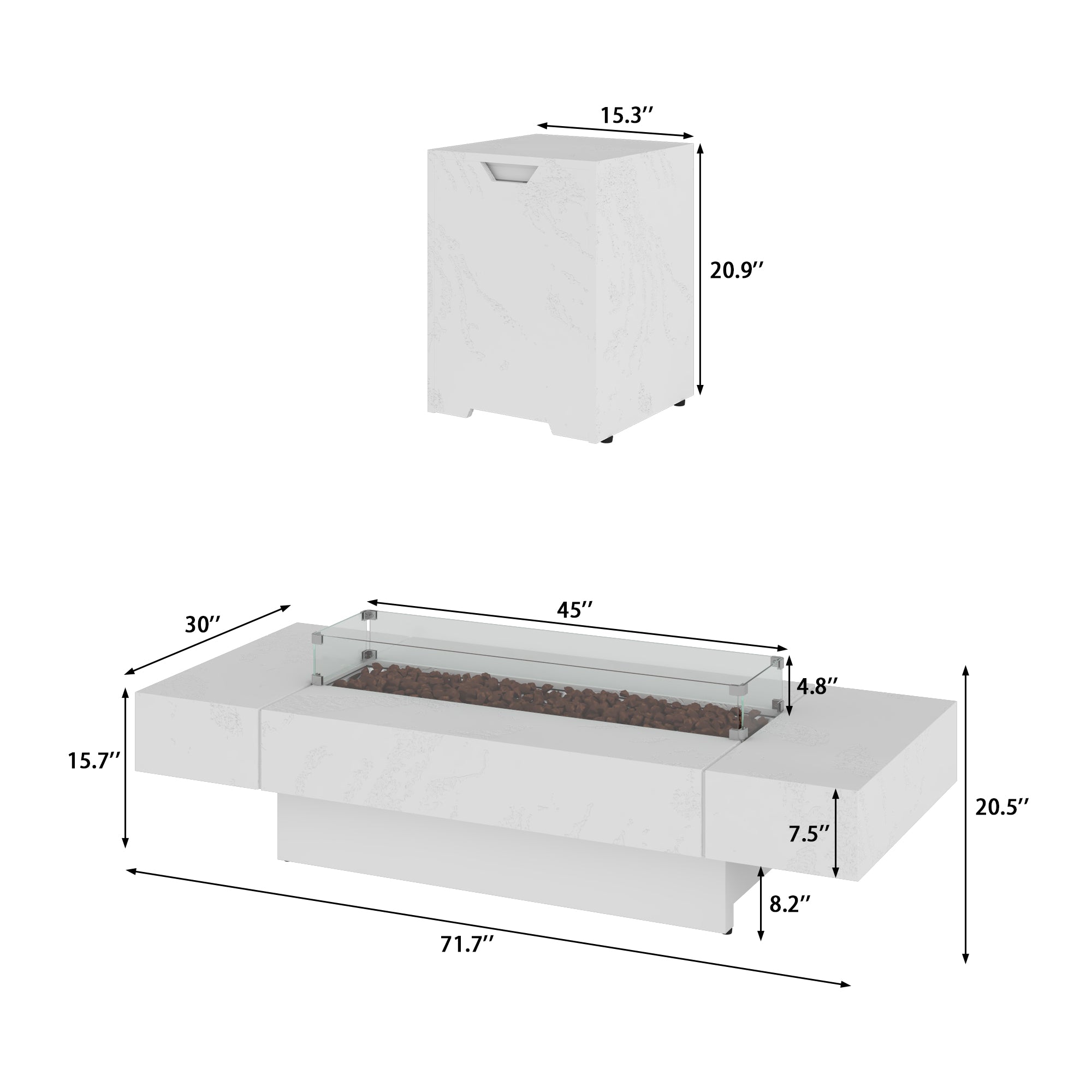 White fire pit table with dimensions on a white background