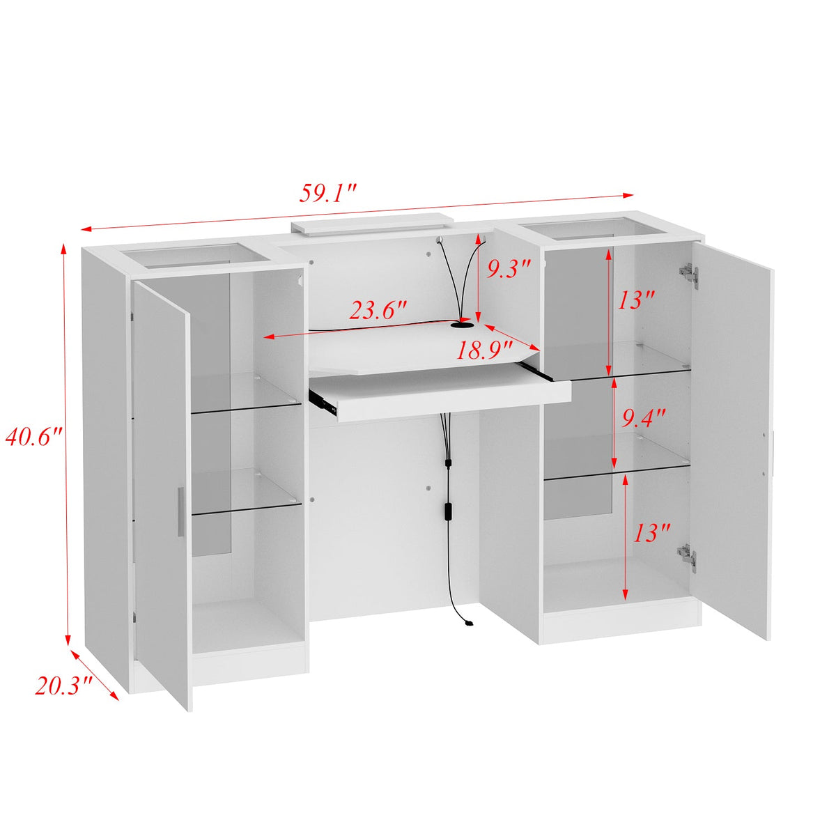 59" Modern White Reception Desk With Display Cabinets And LED Lightsand Transparent Glass