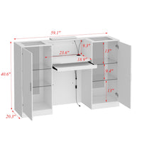 59" Modern White Reception Desk With Display Cabinets And LED Lightsand Transparent Glass