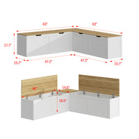 White corner shoe cabinet with bench seating and hidden storage