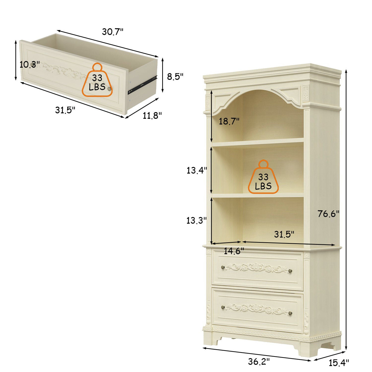 Elegant Display Cabinet With 3 Open Shelves & 2 Carved Drawers