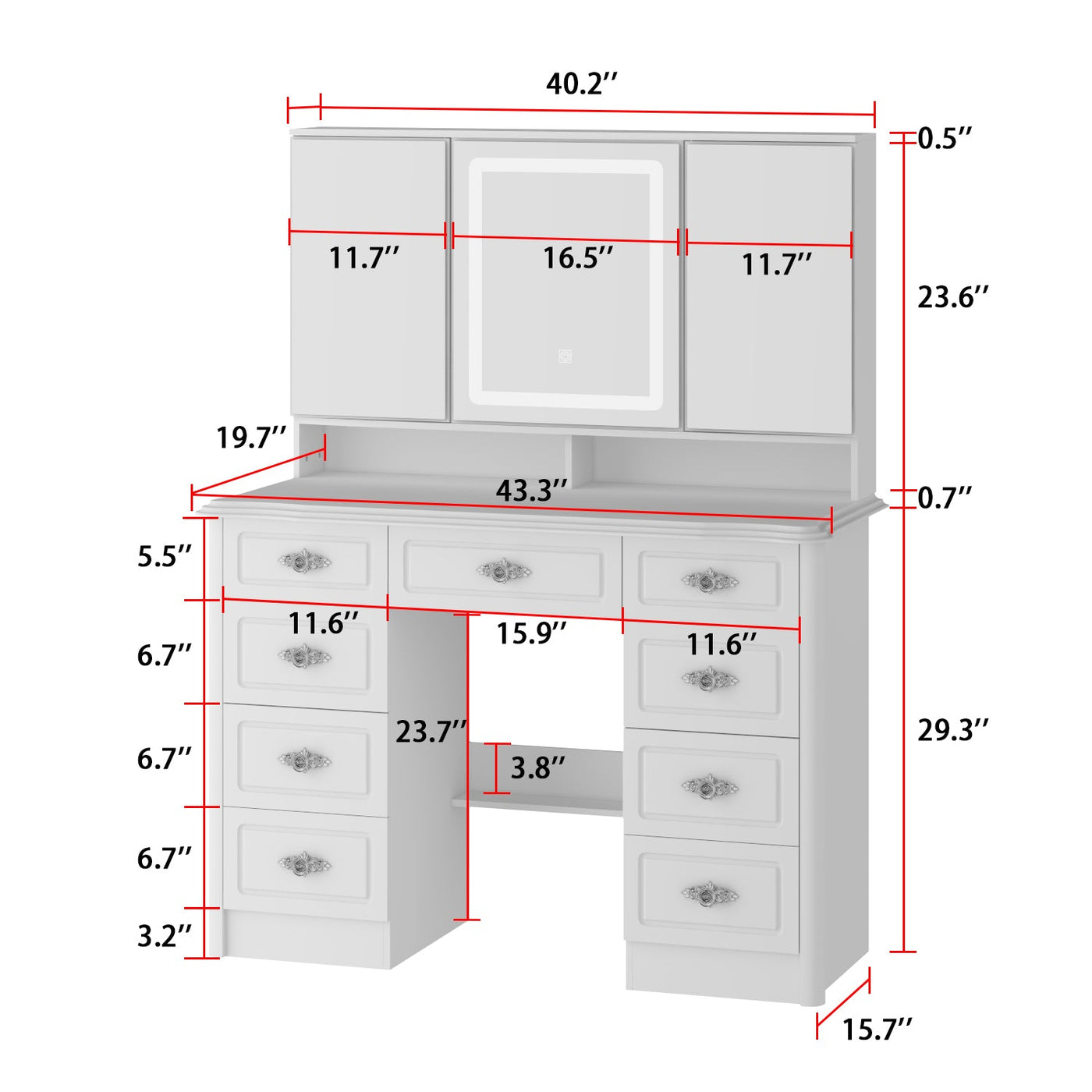 43.3" Modern Minimalist White Makeup Dressing Table with Drawers And Lamp