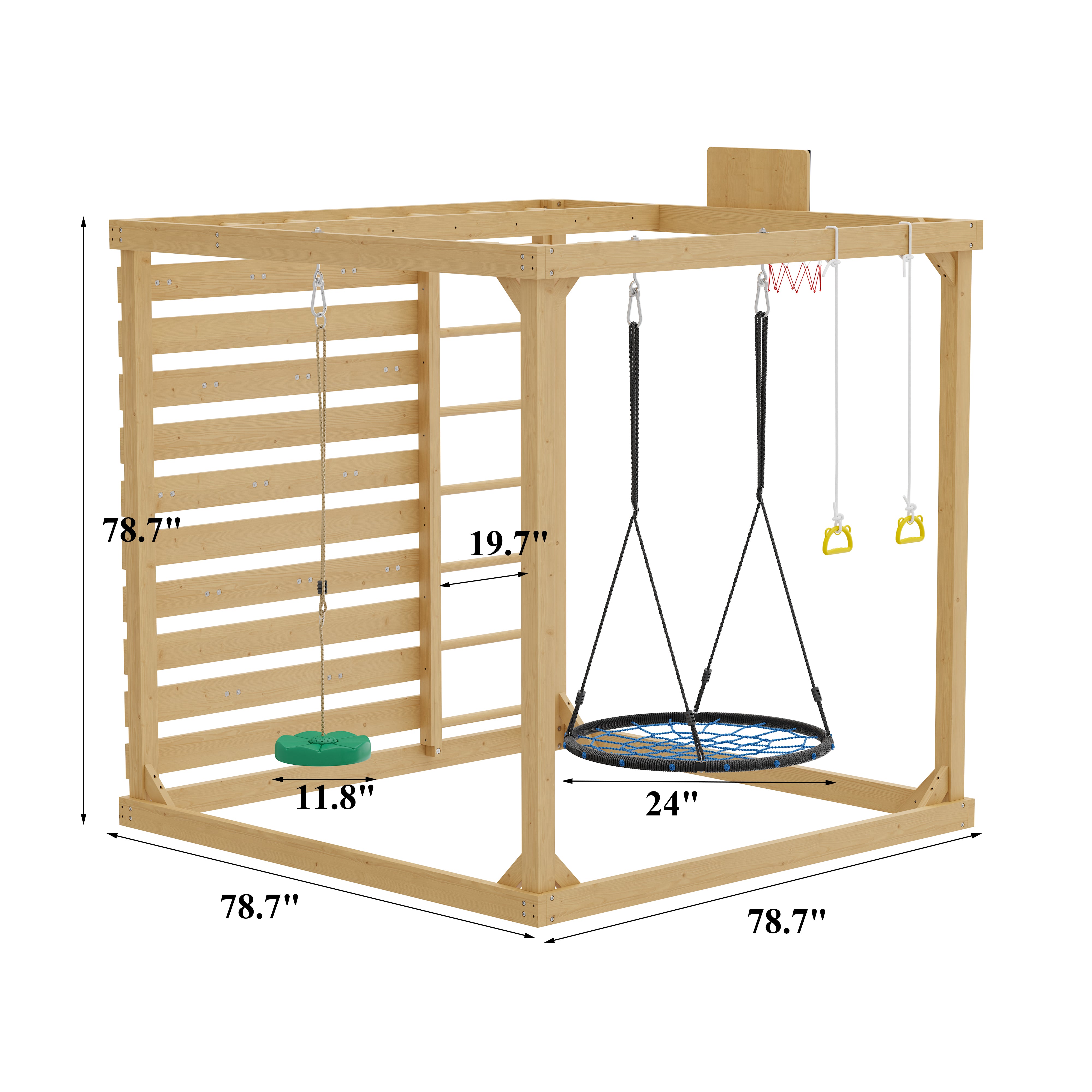 78.7" 8-in-1 Solid Wood Outdoor Playset with Swings, Climbing Wall and Basketball Hoop