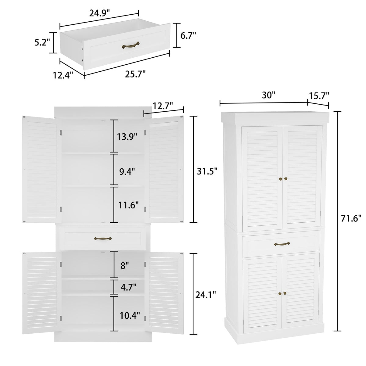 30" Modern Minimalist White Tall Storage Cabinet with 6-Tier Adjustable Shelves, Drawers and Shutter Door