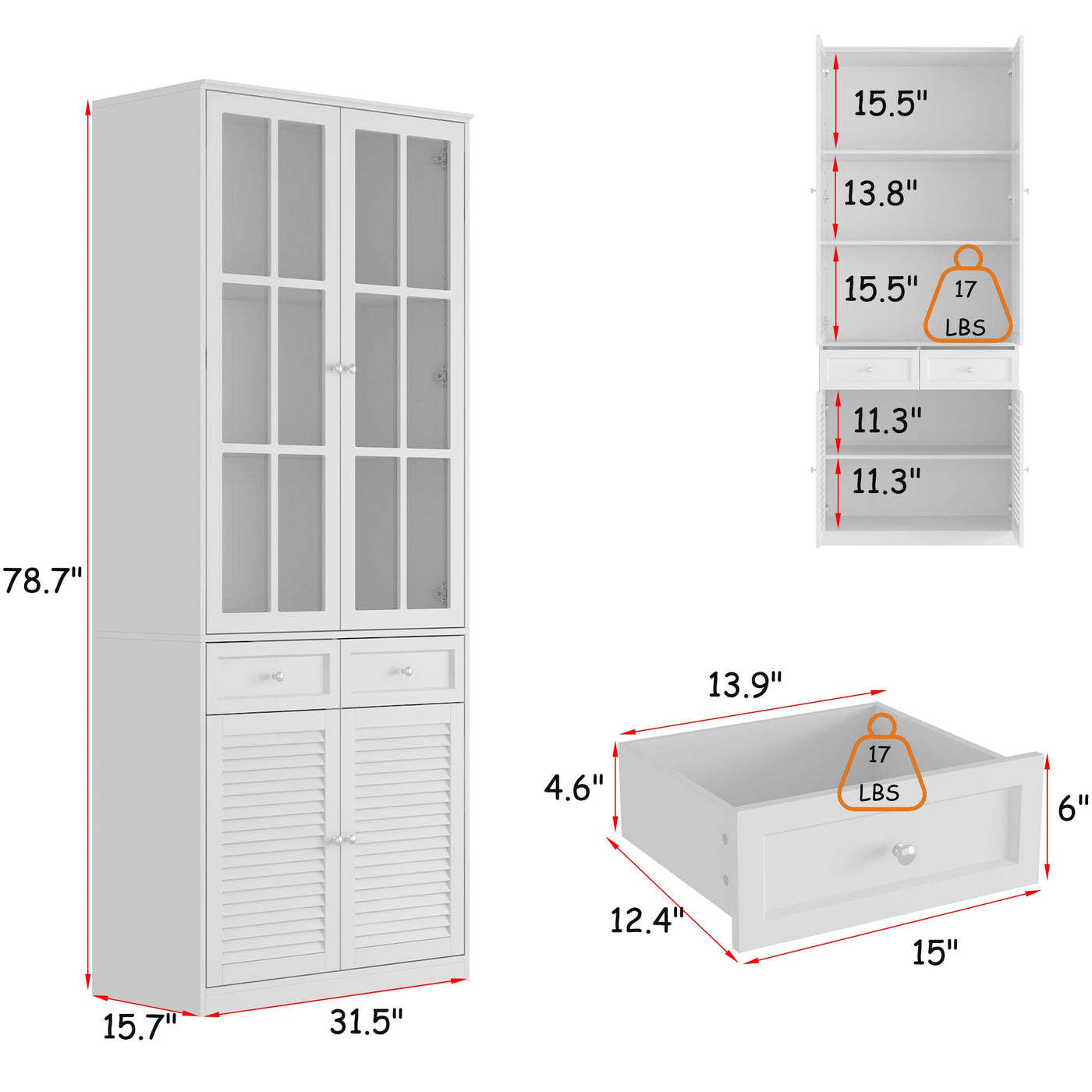31.5" Modern White Bookcase With Glass and Louvered Doors