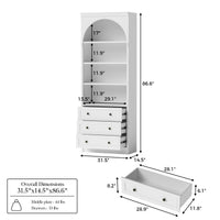 White display cabinet with open shelves, 3 drawers, and labeled dimensions diagram