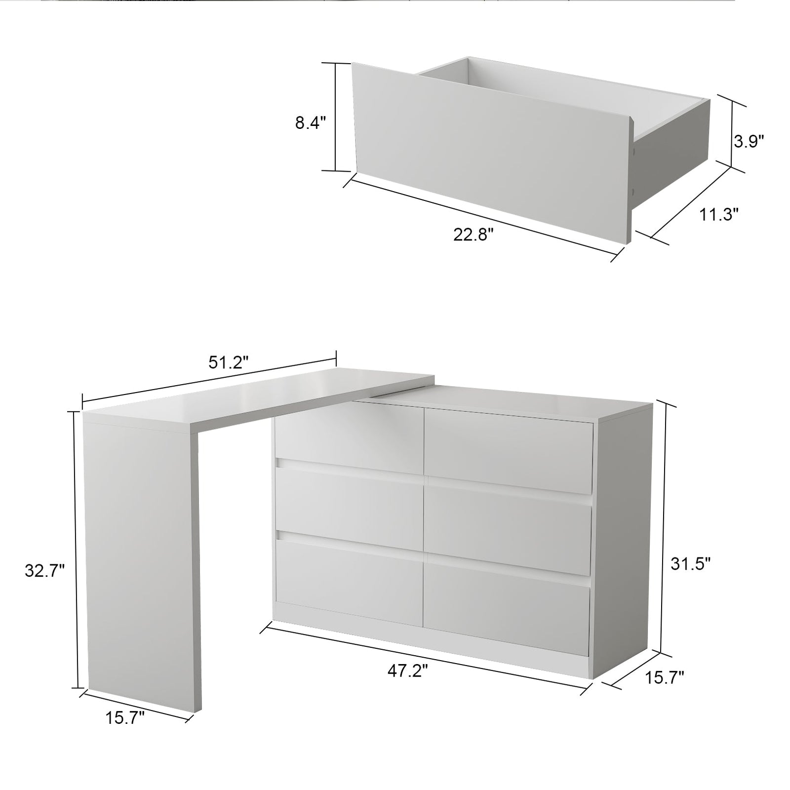 51.2 inches Modern Minimalist White/Black L-Shaped Rotatable Dresser W