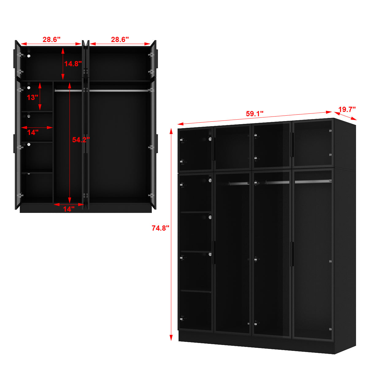 Modern wardrobe with clothes and shelves in a well-lit room