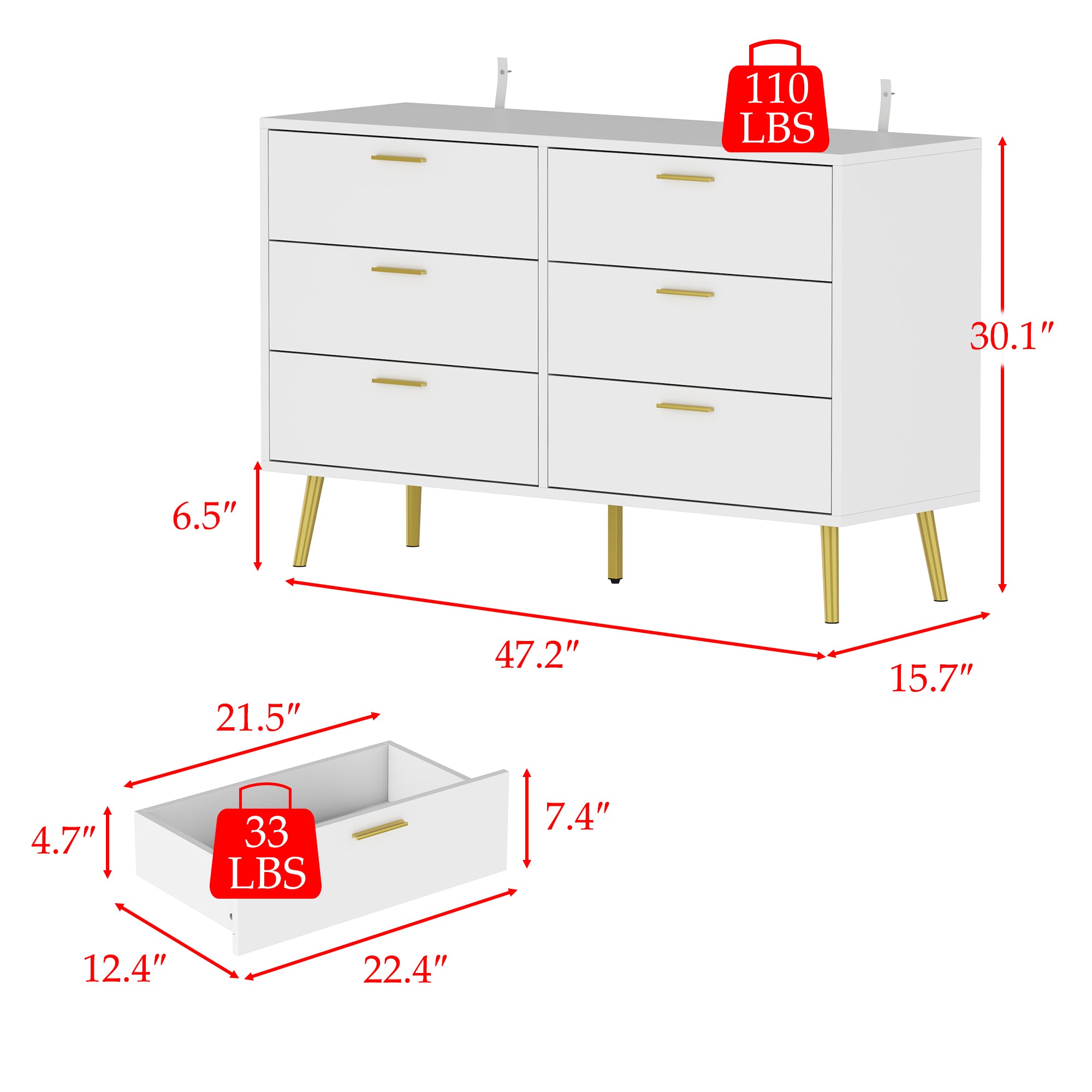 Modern Sideboard Double Dresser with 6 Drawers