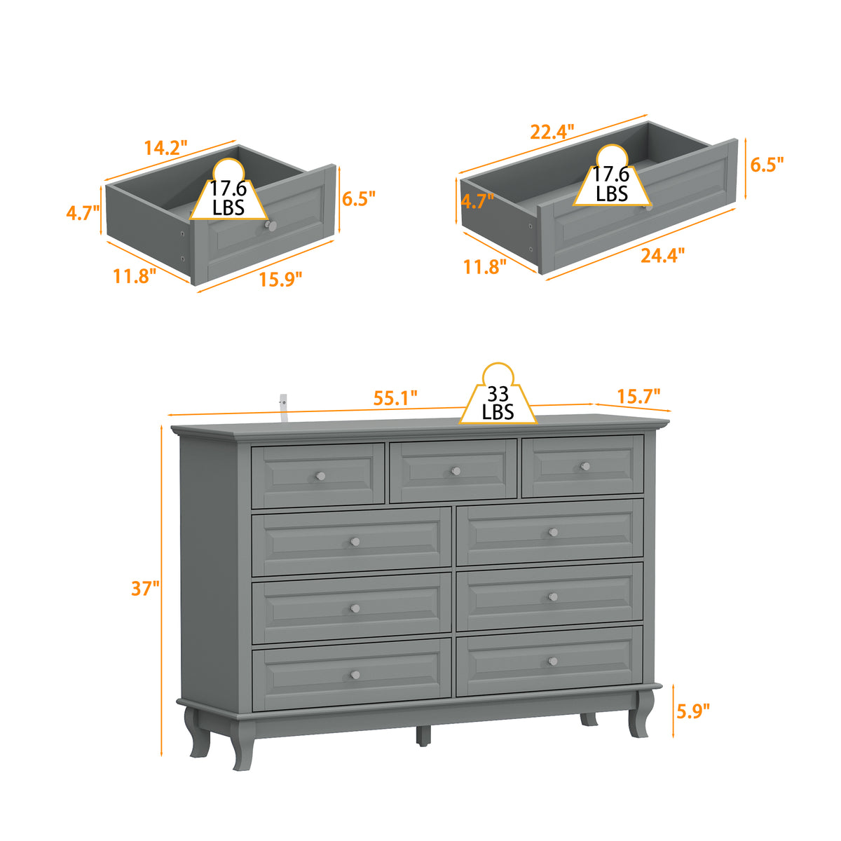 55.1" Traditional White 9-Drawer Dresser