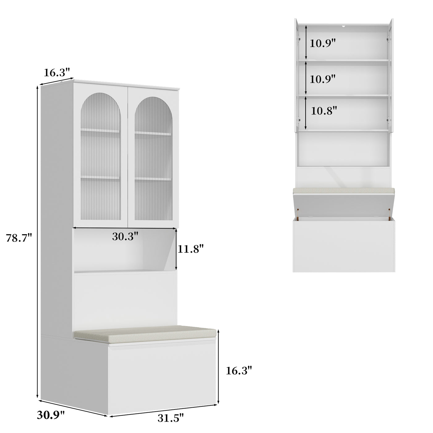 31.5" Modern White Entryway Storage Bench with Cabinet and Upholstered Seat