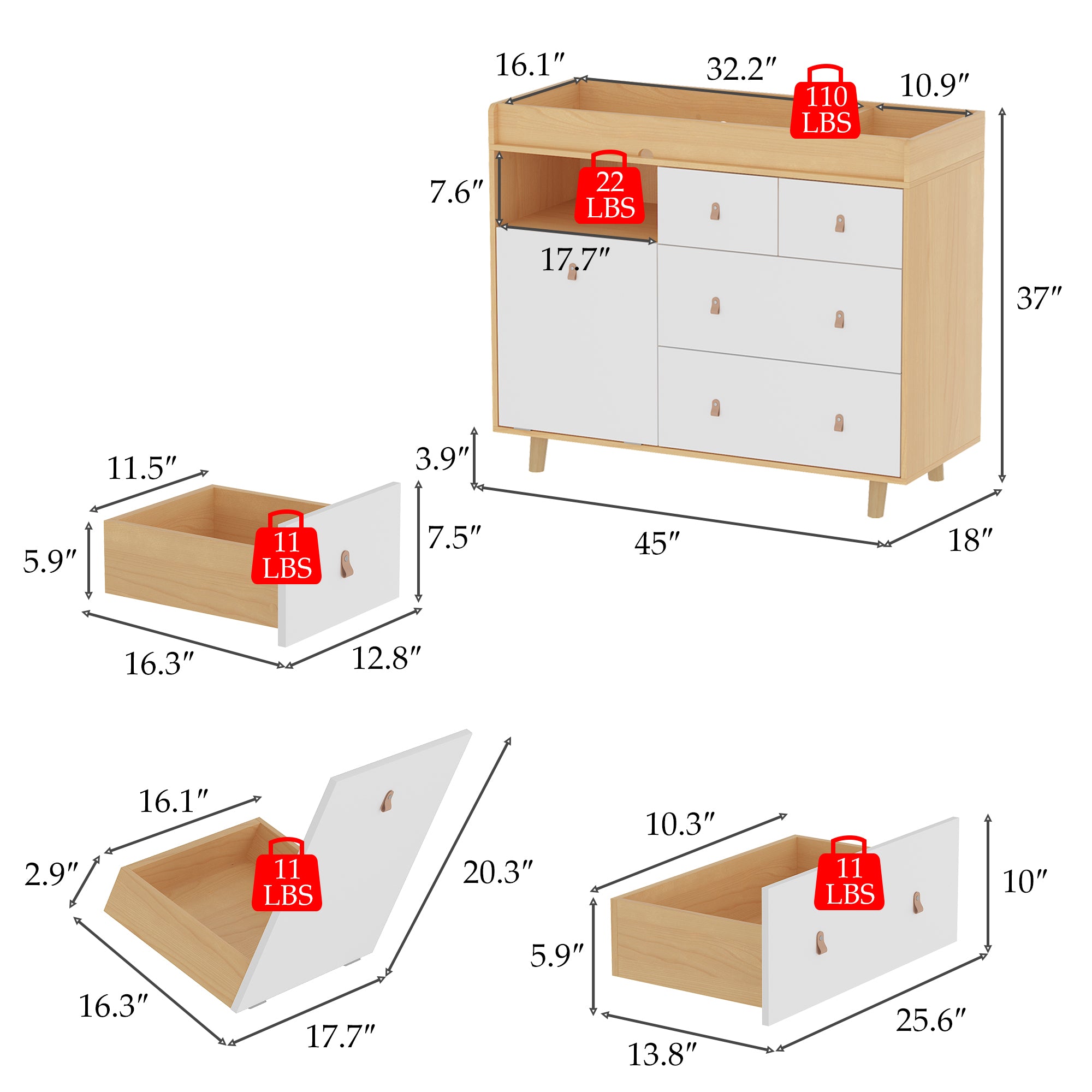 Baby Change Table Dresser Nursery Table Dresser 5 Drawers with Open Storage