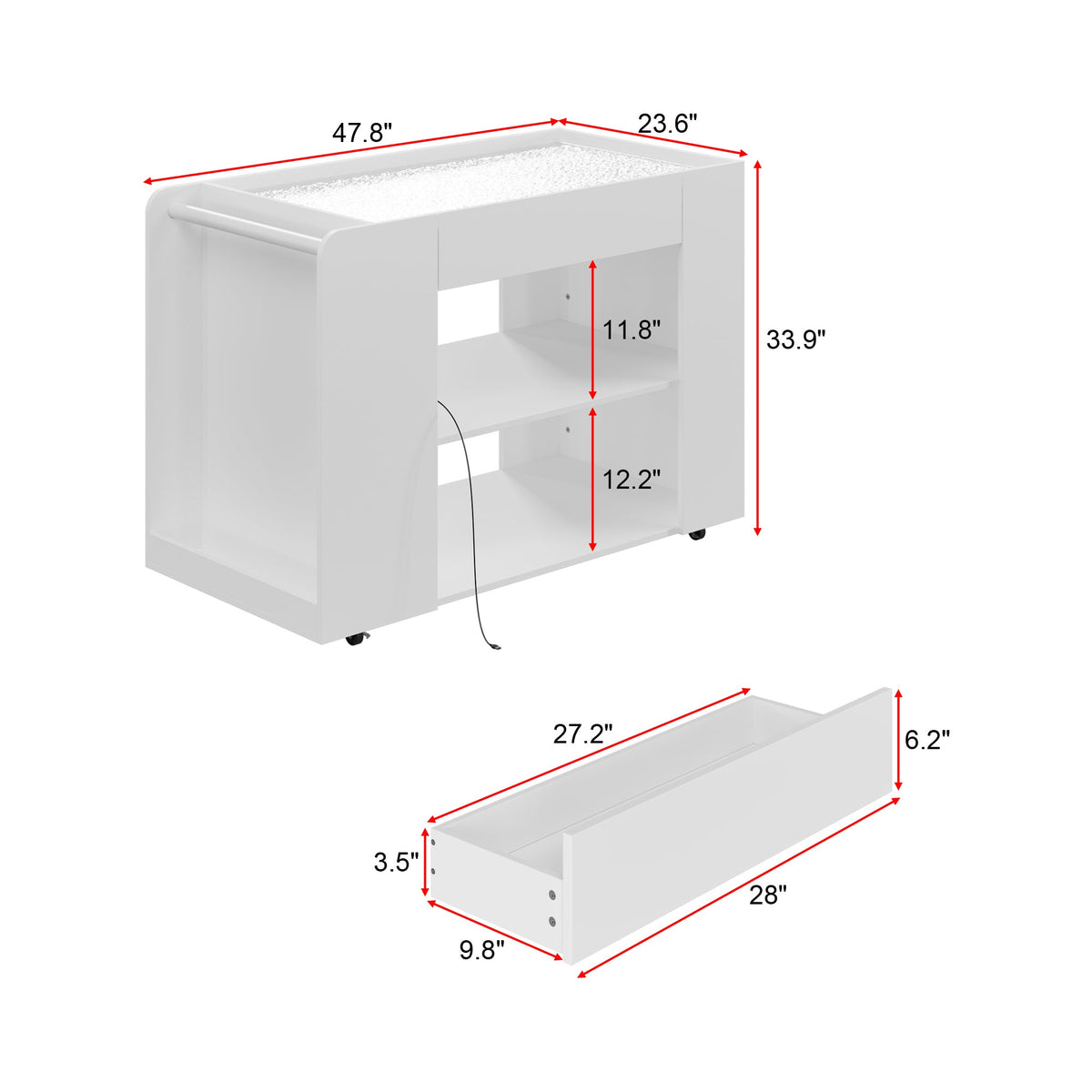 47.8 inches Contemporary White Kitchen Island With Glass Top And Light