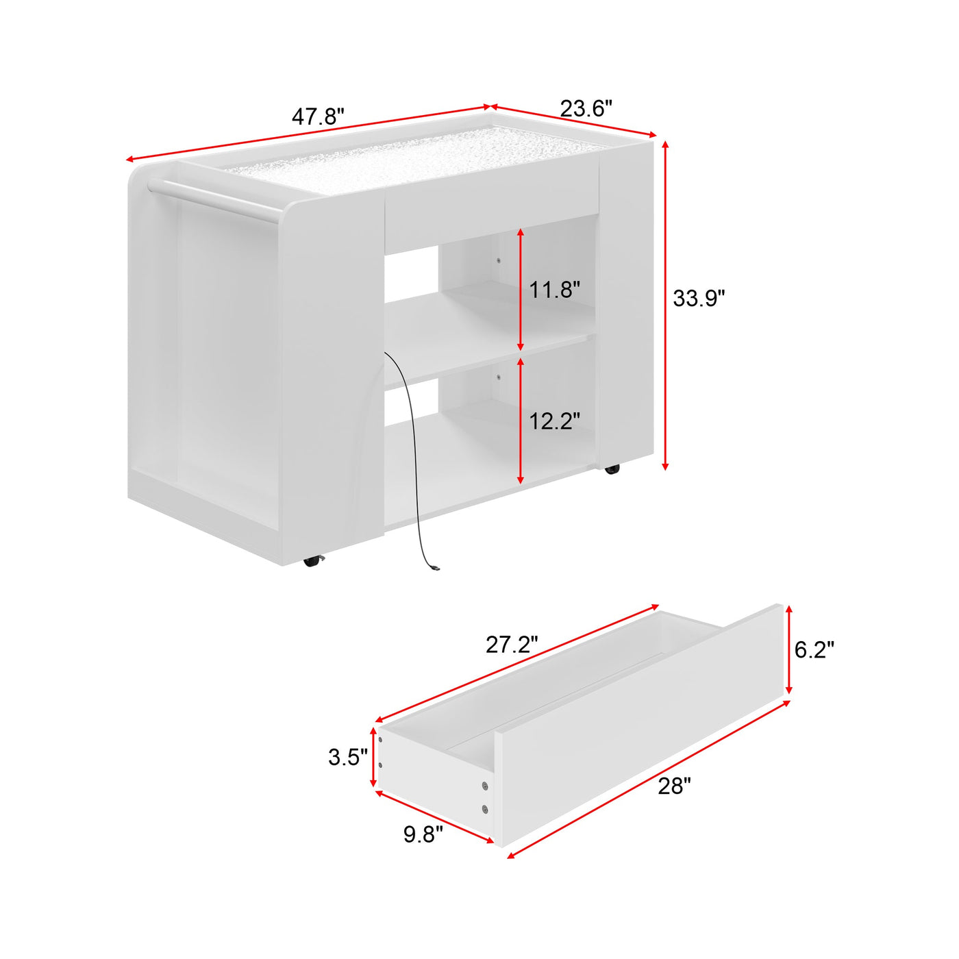 47.8" Rolling Kitchen Island Cart with Glass Top and Light