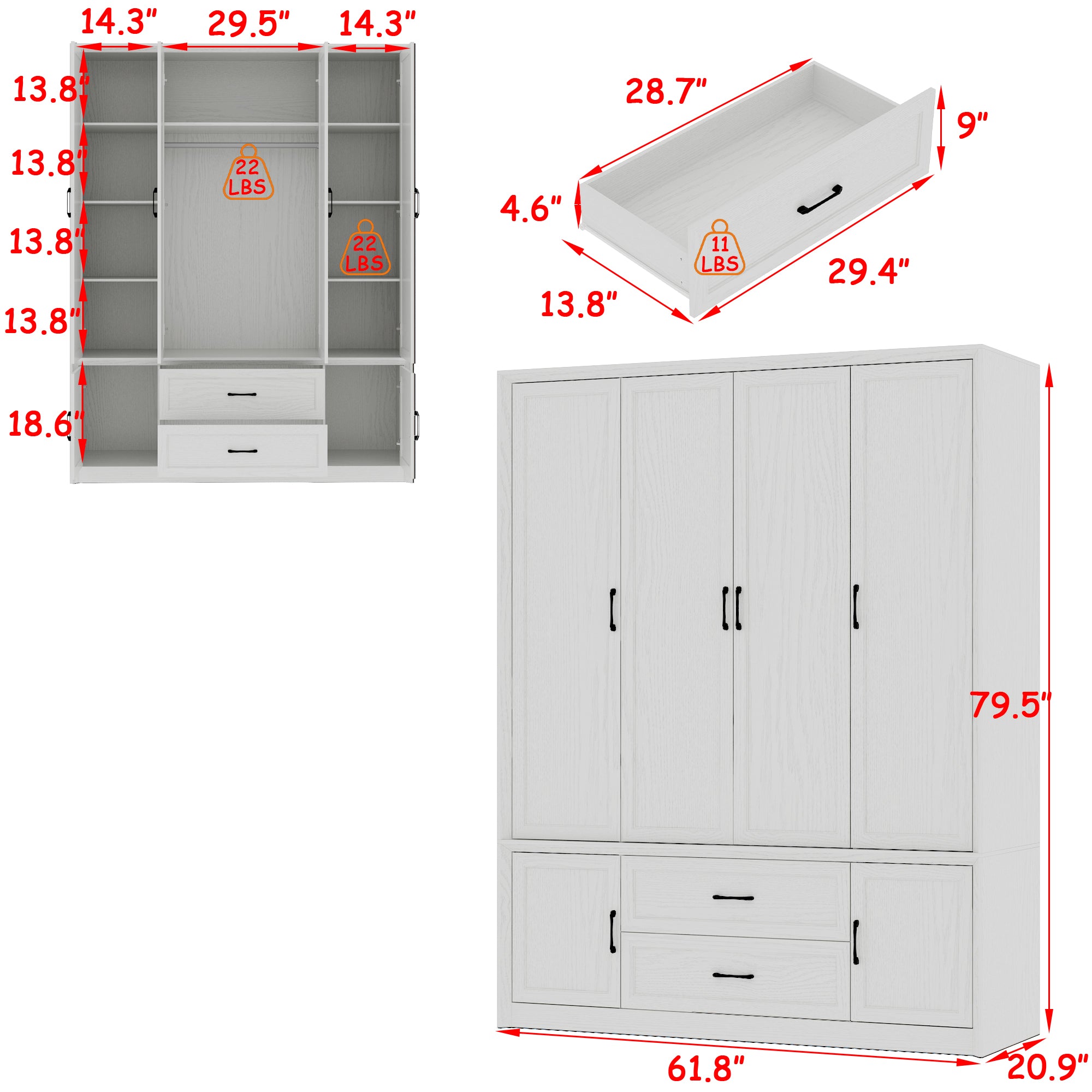 62" Wide 6 Doors 2 Drawers Wood Grain Wardrobe Armoire