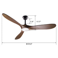 59.8" Modern Minimalist Ceiling Fan with Lights, Remote Control, 3 Reversible Wood Blades and 2 Down Rods