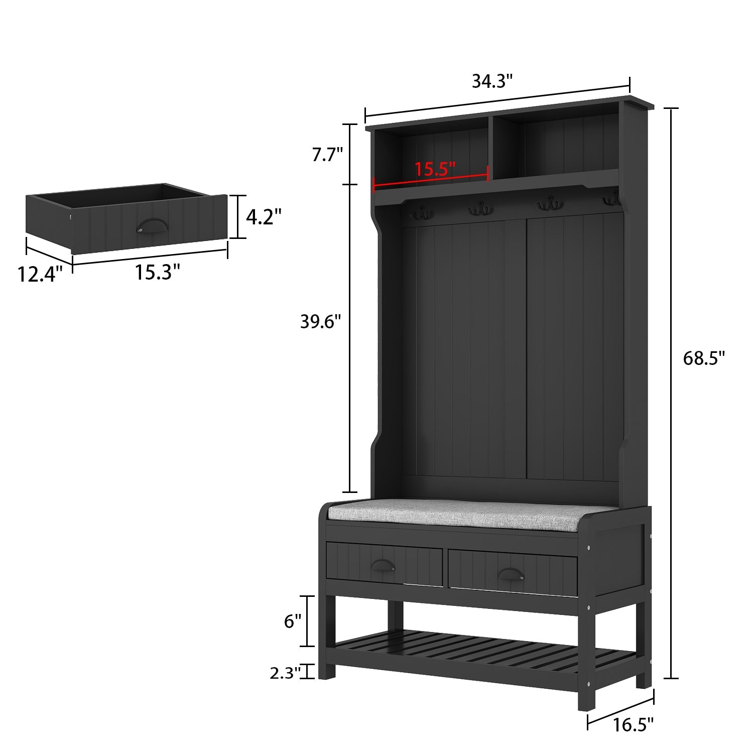 Modern Hall Tree with Storage Bench, 4-in-1 Entryway Bench with Coat Rack, Tall Hall Tree with 4 Metal Double Hooks, Shelves & 2 Drawers for Hallway, Living Room